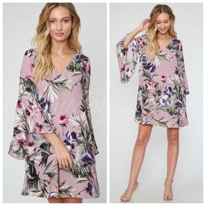 Mauve floral bell-sleeve tunic dress